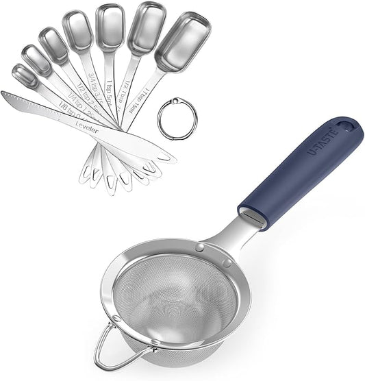 U-Taste 18/8 Stainless Steel 3.75in Small Fine Mesh Strainer with Sturdy Handle and Frame, and 18/8 Stainless Steel Square Measuring Spoons Set of 8 (Midnight Blue+Silver)