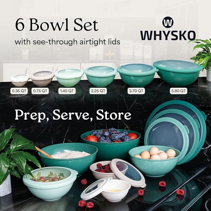 WHYSKO Mixing Bowl Set, 12 Piece Colorful Plastic Mixing Bowls with Lids Set for Food Prep Storage and Serving, Dishwasher Safe Microwave Safe for Kitchen Baking Cooking