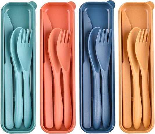 Reusable Wheat Straw Cutlery with Case, Portable Dark Utensils Set for Adults, Tableware Camping Cutlery Set for 4 People, Travel Utensils Set for Kitchens, Dishwasher Safe