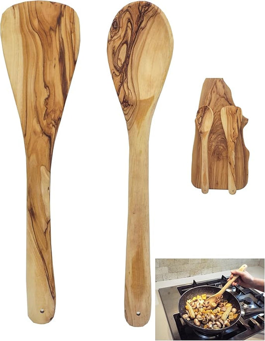 Olive Wood Spoon & Curved Spatula (12 Inch Set of 2 Pieces), Wooden Utensils, Turner/Spatula/Spoon for Every Day Cooking, From Bethlehem