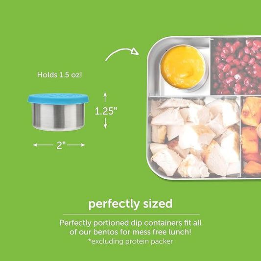 LunchBots Tiny Dips Condiment Containers - Set of 3 - Perfect Portion Cups - Spill Proof Lunch Box Sauce Container with Lid - Food Grade Stainless Steel - 1.5oz - Dishwasher Safe - Assorted Lids