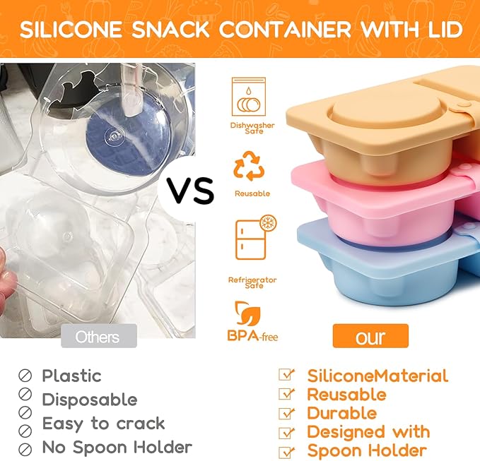 3 Pack Silicone Reusable Snack Containers with Lids, Double Compartment Snackle Box Containers, Salad Dressing Sauce Seasoning Container, Small Mini Food Snack Boxs for Travel, Office, Picnic,School
