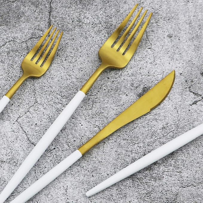 White Handle Matte Gold Silverware Set,Gugrida 5-Piece 18/10 Stainless Steel Satin Finish Flatware Set,Kitchen Utensil Set,Tableware Travel Cutlery Set for Camping Office Lunch, Dishwasher Safe