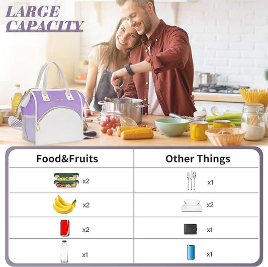 LOKASS Lunch Bag Women Insulated Lunch Box, Wide-Open Lunch Tote Bag Leak-proof Cooler Bag for Work Picnic-（Light Purple）