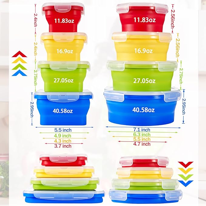 8 Pack Collapsible Food Storage Containers Silicone Lunch with Lids, 4 Pcs Rectangle Bowls and Round Bowls, Microwave Freezer Dishwasher Foldable