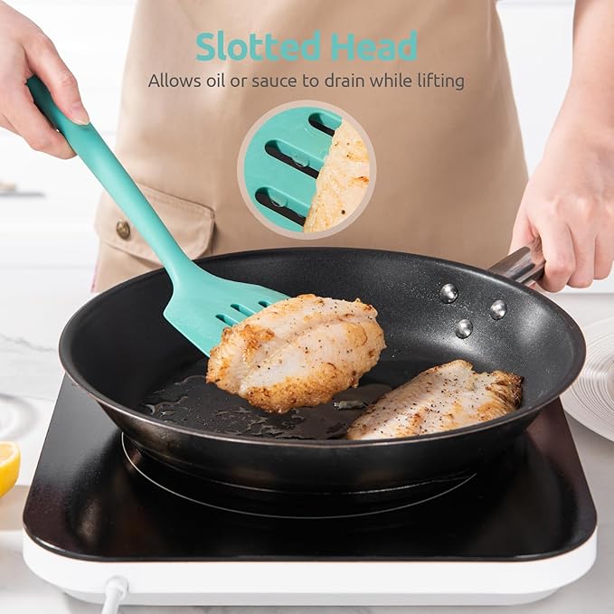 18/8 Stainless Steel Measuring Spoons Set for Dry and Liquid Ingredients (Set of 8), and 600ºF Heat Resistant Silicone Turners, 13.6in Long Solid & Slotted Kitchen Spatula (Aqua Sky)