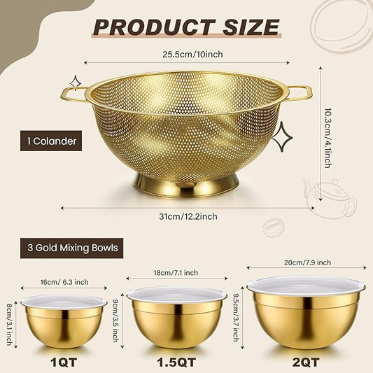 Baderke 7 Pcs Gold Kitchen Accessories Includes 4 Quart Stainless Steel Gold Colander and 3 Pcs Fine Mesh Strainer, Size 1, 1.5, 2 Qt Mixing Bowls with Airtight Lids for Kitchen Baking Serving Food