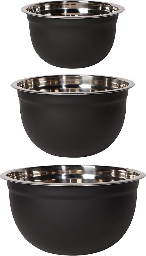 Now Designs Matte Coated Steel Mixing Bowls, Black, 5 qt, 3 qt, 1.5qt, D7xH3.57 / D9xH4.75 / D10.25xH5in, Set of 3