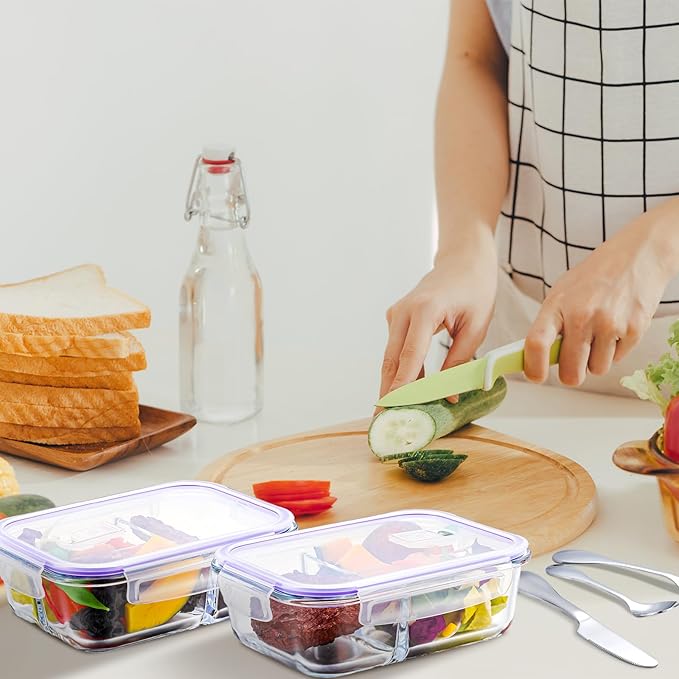 12 Pcs 35 oz Glass Portion Control Containers with 3 Set Knives Forks Spoons Food Storage Containers with Lids 3 Compartment Airtight Lunch Bento Boxes for Adults Diet Balanced Eating