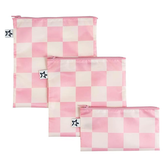 Tiny Twinkle 3 Pack Reusable Snack Bags - Machine Washable, PFAS, PVC, BPA, Phthalate-Free Reusable Baby and Toddler Food Safe Snack Bags (Pink Checkers)