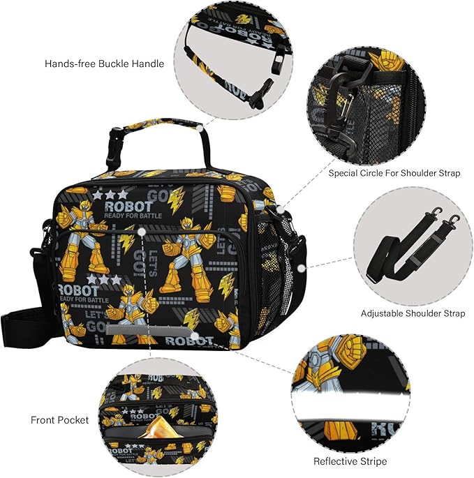 Pfrewn Yellow Robots Lunch Box Kids School Students Insulated Lunch Bag with Shoulder Strap for Office Adults Reusable Cooler Bags Lunch Tote