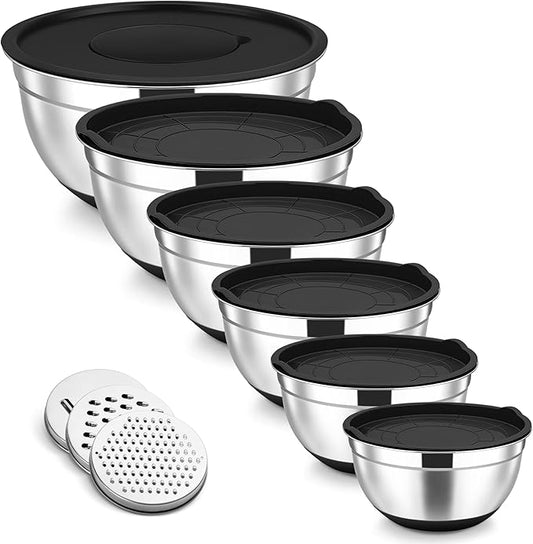 TeamFar Mixing Bowls, Stainless Steel Nesting Salad Bowl with Lids & 3 Graters, For Kitchen Cooking Serving Prepping, Airtight & Non-Slip, Size 4.6/3.5/2/1.5/1/0.7 QT, Set of 5 & Black
