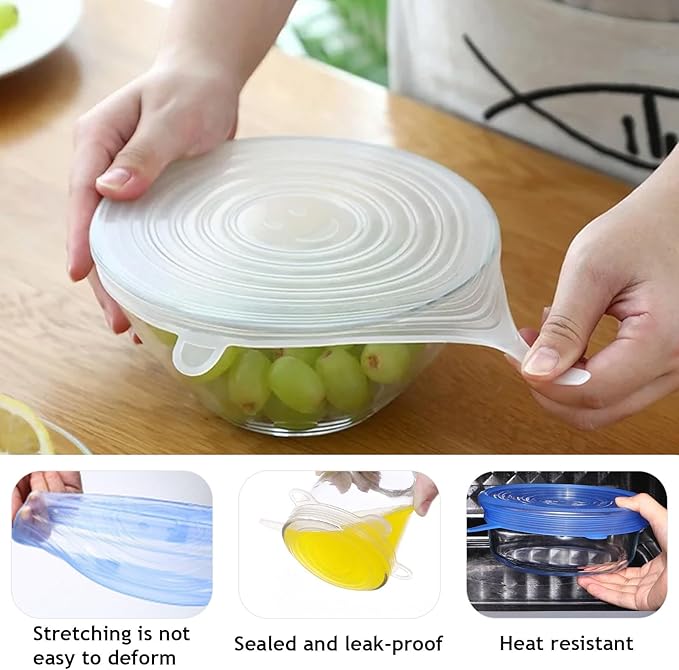 12 PCS Reusable Stretch Silicone Lids for Food Storage, Heat-Resistant Silicone Bowl Covers for Cup, Cans, Jars, Universal Food Grade Silicone Lid for Round Container (6 Different Sizes)