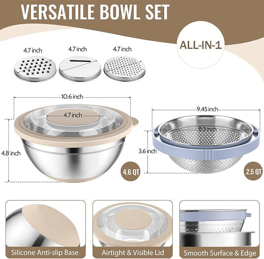 P&P CHEF 4-In-1 Stainless Steel Colander with Bowl Set, Rotatable Strainers for Kitchen, Fruit Cleaner, Washing Fruit & Draining Pasta, Mixing Bowl and Lid with Grater for Salad, Khaki