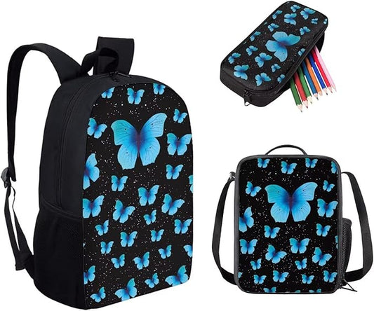 Dolyues Blue Butterfly Backpack Purse for Girls for School Kids Bookbag with Lunch Bag Pencil Case Elementary Middle School Back Pack Students Schoolbag Women Travel Daypack Rucksack