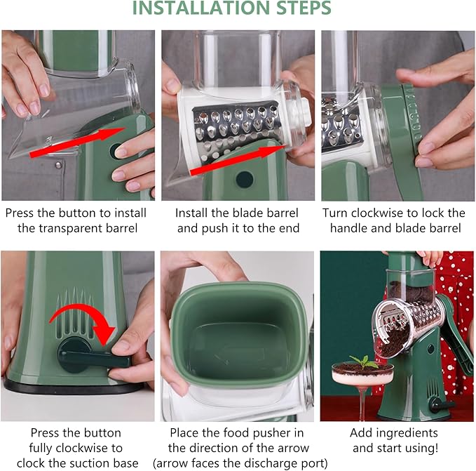 Rotary Cheese Grater 5 in 1 Cheese Grater with Handle Vegetable Slicer with 5 Interchangeable Blades, Storage Box, Green Cheese Shredder with Strong Suction Base for Kitchen (White)