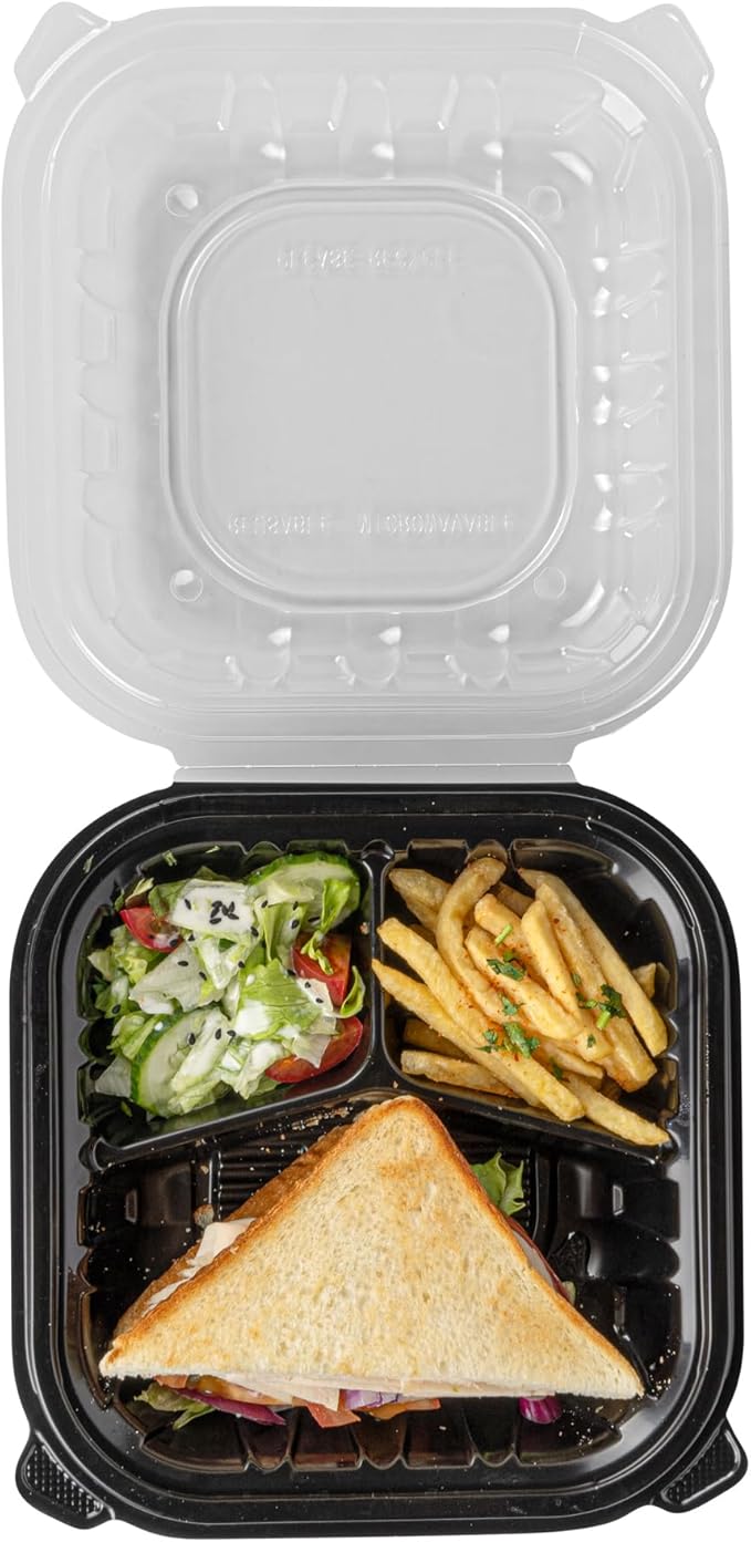 Restaurantware Thermo Tek 34 Ounce Clamshell Containers, 100 Disposable Take Out Boxes - 3 Compartments, Ventilated Lids, Black Plastic Meal Prep Containers, Microwavable, For Pasta Or Salads