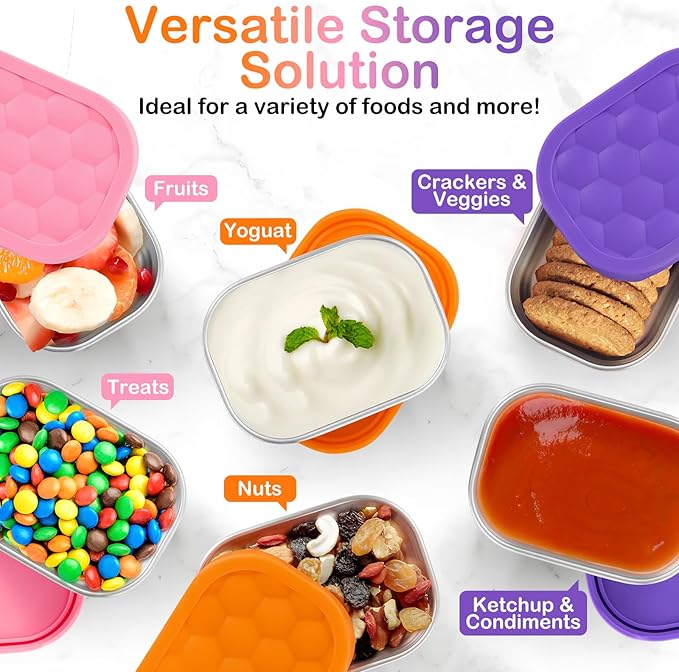 Leonyo 18/10 Stainless Steel Snack Containers for Kids, 8oz Food Container with Silicone Lid Easy Open Leak Proof, Metal Toddler Lunch Box for Daycare School, Healthy & Lightweight, Multi-color&3Pcs