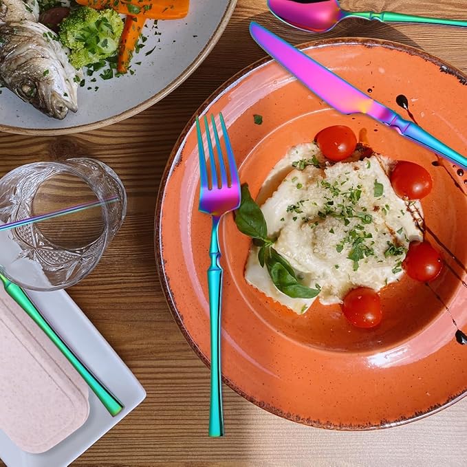 AARAINBOW 7 Pieces Stainless Steel Flatware Set Portable Reusable Cutlery Set Travel Utensils Set Including Chopsticks Knife Fork Spoon Straws Cleaning Brush Dishwasher Safe (B-Multicolored)