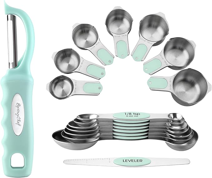 Spring Chef Premium Swivel Vegetable Peeler & Stainless Steel Magnetic Measuring Cups & Spoons, Set of 15 with Leveler - 2 Product Bundle - Mint