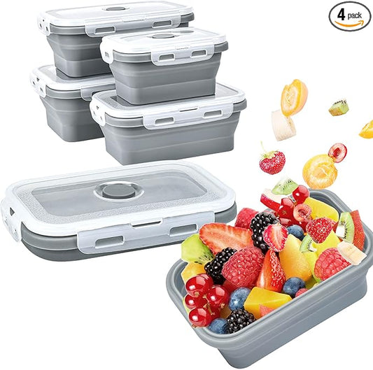 Collapsible Food Storage Containers with Lids, Silicone Meal Prep Containers BPA Free, Lunch Containers Collapsible Bowls Sets for Camping Storage Containers, Microwave Freezer Dishwasher Safe, Gray