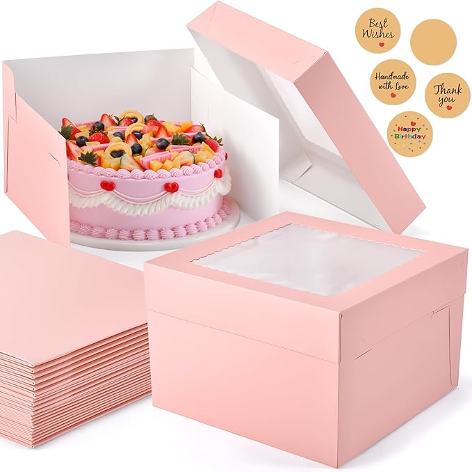 12Pcs Cake Boxes, 12x12x8 Inches Tall Bakery Boxes with Window, Large Pink Disposable Tier Cake Containers for Pastries, Pie, Cookies, Chocolates, Cupcakes, Birthday Party Dessert Boxes