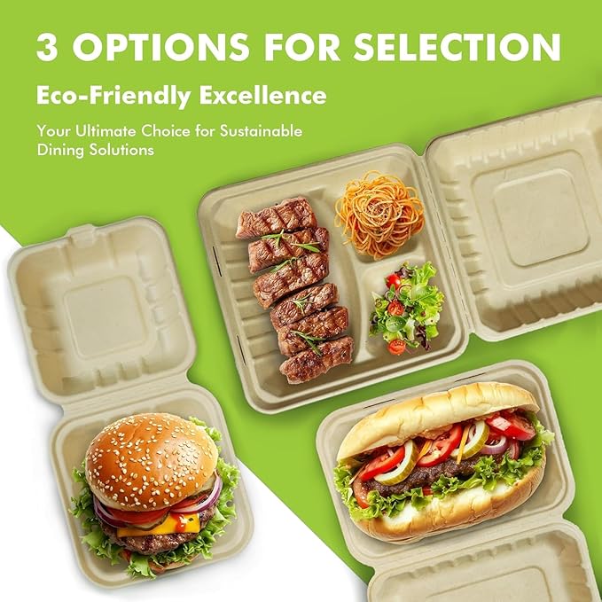 [8X8", 50-Pack] 100% Compostable Clamshell Food Containers for Takeout - Heavy-Duty Quality Assurance Crafted from Natural Disposable Bagasse of Sugar Cane Fibers, Truly Eco-Friendly& Biodegradable.