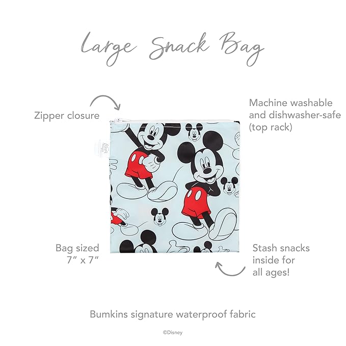 Bumkins Disney Reusable Sandwich and Snack Bags, for Kids School Lunch and for Adults Portion, Washable Fabric, Waterproof Cloth Zip Bag, Travel Pouch, Food-Safe, Large, Mickey Mouse Classic