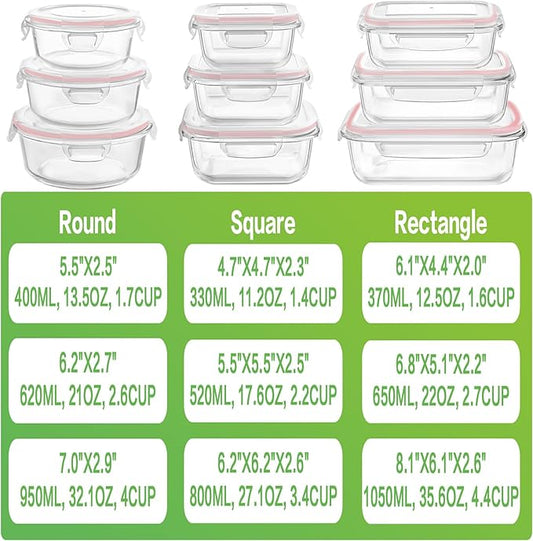 HOMBERKING Glass Food Storage Containers with Lids, [18 Piece] Glass Meal Prep Containers, Airtight Glass Lunch Bento Boxes, BPA-Free & Leak Proof (9 lids & 9 Containers) - Pink