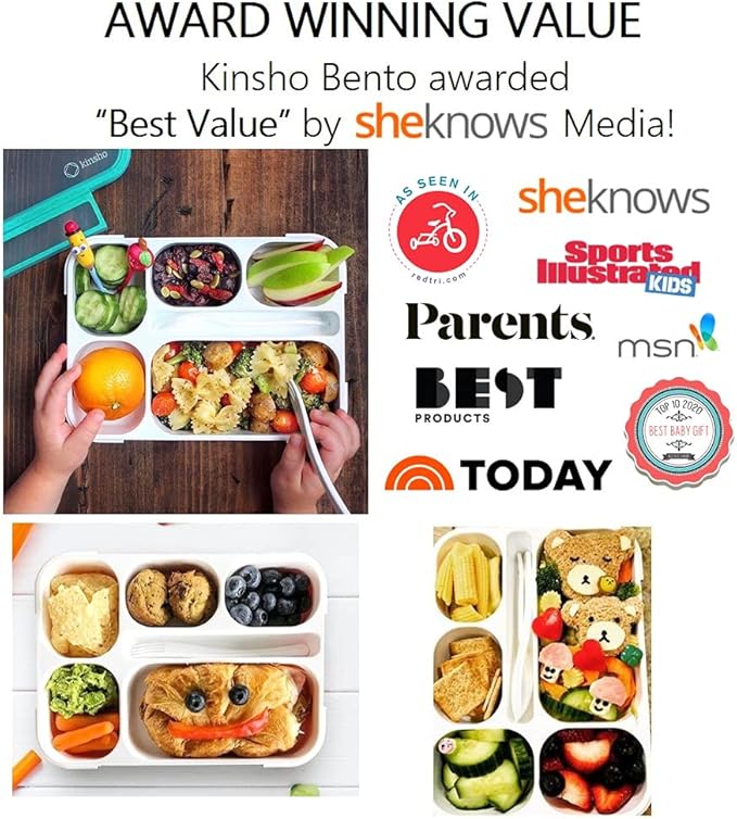 kinsho Bento Box for Kids, Lunch Boxes Snack Containers with 6 Compartments for School, Boy Girl Adults Leakproof BPA Free Teal + Orange 2 pack set