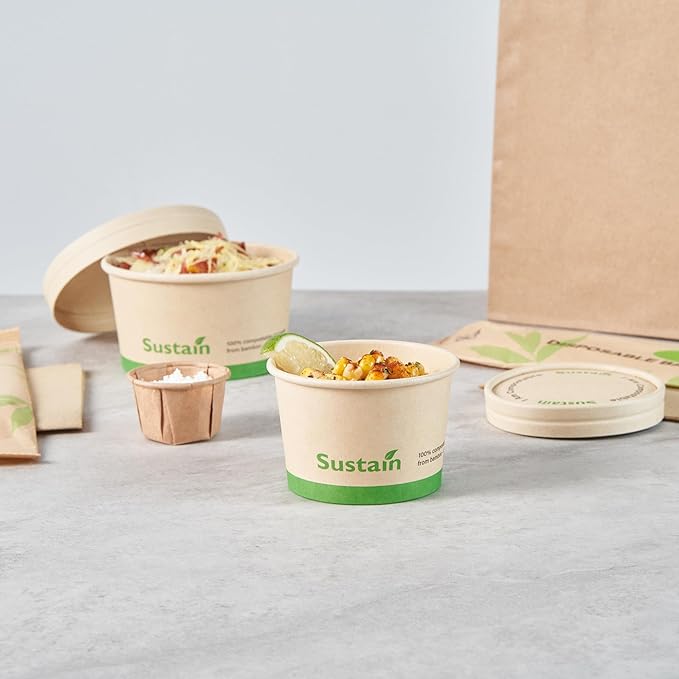 Restaurantware-Sustain 4 Ounce Paper Soup Containers, 50 Disposable Ice Cream Cups - Lids Sold Separately, With PLA lining, Bamboo To Go Hot Soup Bowls, Compostable, Greaseproof