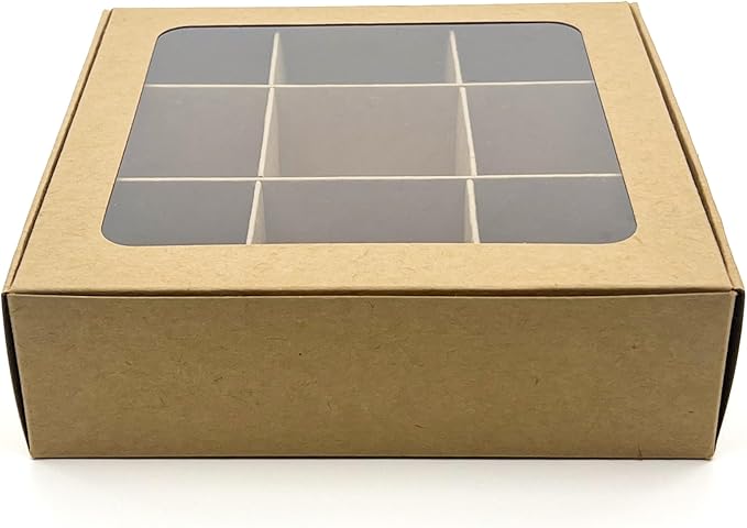 Treat boxes with window and dividers | 9 SMALL compartments | 6.5 x 6.5x 1.9 in | Chocolate covered strawberries supplies, macaron boxes, baked goods packaging | 10-pack (Kraft)