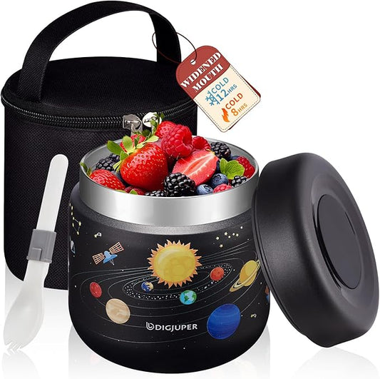 Wide-Mouth Thermo for Hot Food 12OZ - with Insulated Lunch Bag, Cold-12h Hot-8h, Spill-proof BPA-free Stainless Steel Vacuum Soup Box Container for Toddler Kids Boy, Space Food Jar for School Picnic
