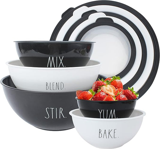 Rae Dunn Mixing Bowls with Lids - 10 Piece Plastic Nesting Bowls Set includes 5 Prep Bowls and 5 Lids (Black)