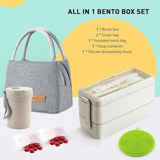 Bento Box Japanese Lunch Box Kit Leakproof Bento Lunch Box for Kids Adults Wheat Straw 3 Layer Stackable Lunch Containers with Compartment Eco-Friendly Meal Prep Containers (Beige)