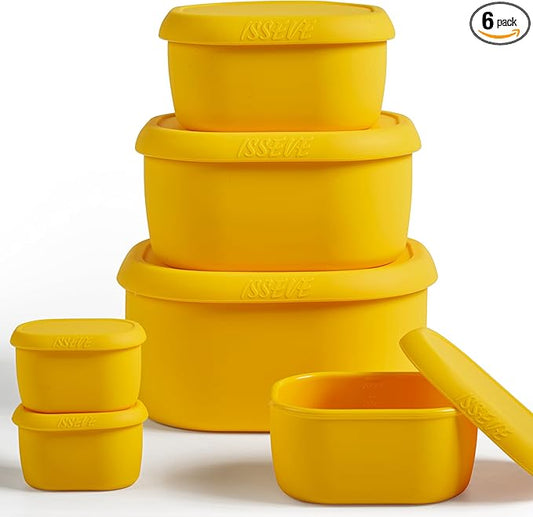 ISSEVE 6Pcs/Set Nesting Silicone Food Storage Containers with Lids, BPA Free Reusable Meal Prep Silicone Containers Lunch Box Bento Box Set (33.8oz, 20oz, 10oz, 6.7oz, 1.3oz) (Yellow)