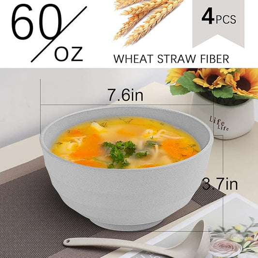 Wheat Straw Bowl Sets,4 PCS Unbreakable Cereal Bowl 60 OZ，Microwave and Dishwasher Safe Bowls,Super Big Bowl Sets BPA Free Bowls for Serving Soup,Oatmeal and Salad Etc…