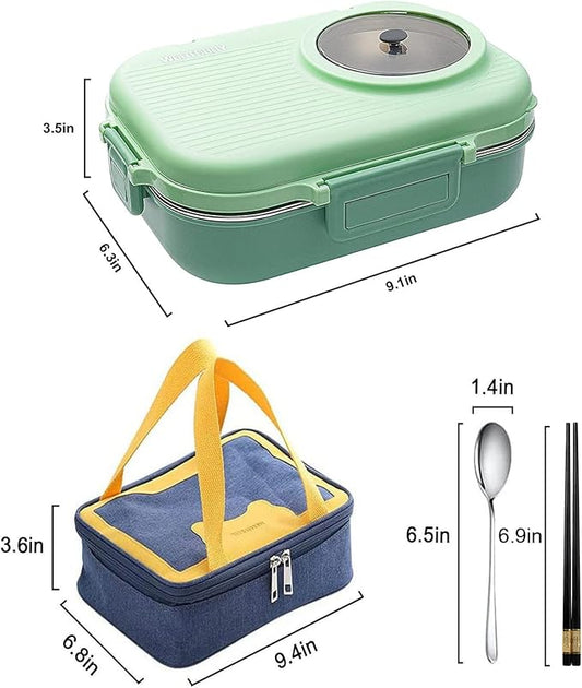 3 Compartments Bento Lunch box with Soup Bowl, Insulated Lunch Bag and Portable Utensils, Stainless Steel Camera Lunch Containers，Leak Proof Bento Box for Kids Adults Men Women…