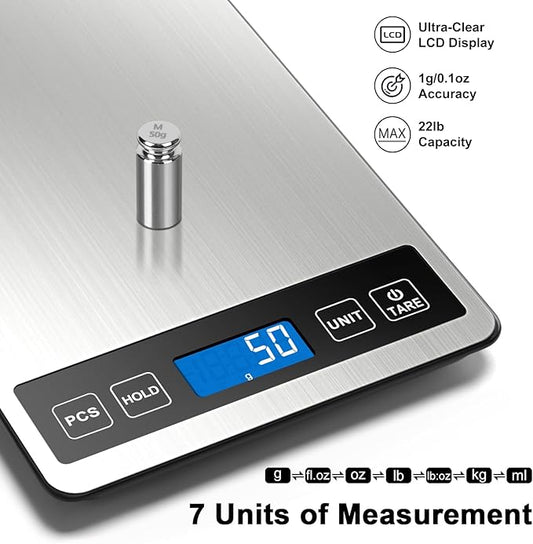 Fuzion Food Scale, 1g/0.1oz Digital Kitchen Scale - 22lb, 7 Units, Tare & PCS, Rechargeable Power, Tempered Glass & Stainless Steel - Food Weight Scale Grams and oz for Cooking, Baking