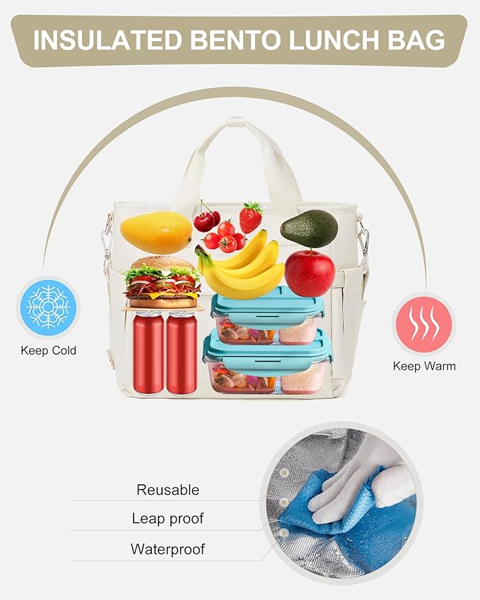 Lunch Bag Women,Large Adult Lunch Box for Women Men,Insulated Lunch Tote Bag For Work,Lunch Bags Loncheras Para Mujer With Shoulder Strap Water Bottle Holder Beige