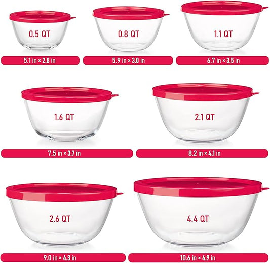 7 Stackable Space-Saving Nesting Glass Bowls with BPA Free Lids for Foodprep, Storage, Baking, Mixing & Cooking, Microwave Safe - Durable Inert Borosilicate Glass