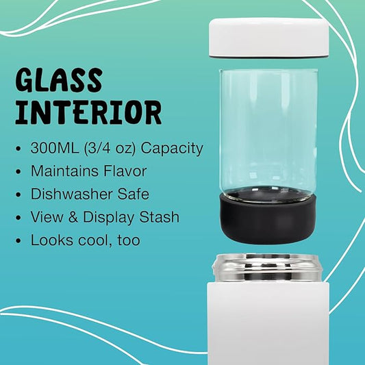 Smell Proof Container - Vacuum Insulated With Nested Glass Jar - UV Protection, Temperature Controlled Storage - Air Tight Stash Jar - Whiteboard Finish + Marker Included- 300 ml (3/4 Oz)