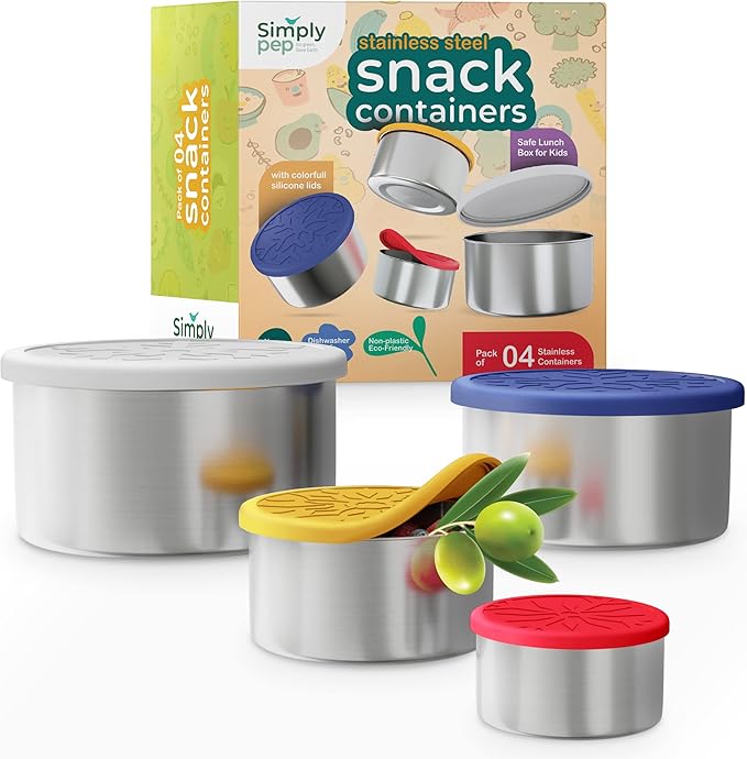Stainless Steel Container with lids Kids Lunch Box- Set of 4 Stainless Steel Snack Containers Dip Containers For Lunches Metal Kids Lunch Box Container
