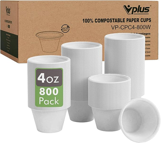 Vplus 800 Pack 4 OZ Disposable Souffle Cups, 100% Compostable Portion Cups, Made From Bagasse Fibe and Bamboo, Perfect For Dips, Food Sample, Jams, Honey, Sauces, Nuts
