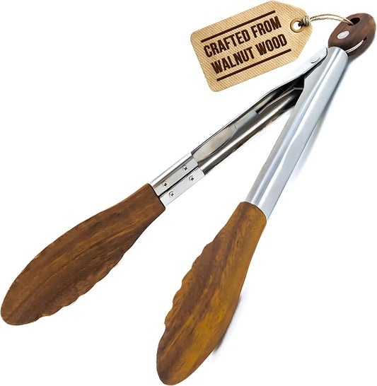 Boxiki Kitchen Tongs for Cooking with Wooden Tips - Nonstick Cooking Tongs & Salad Tongs for Serving Food, Grilling, Cooking, BBQ and Tossing Salad - Made of Natural Walnut Wood, Size 12-inch