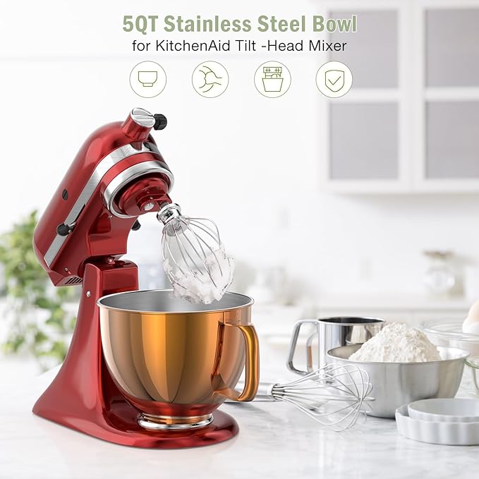 5QT Stainless Steel Mixer Bowl Compatible with Kitchenaid Stand Mixers, Kitchenaid Mixing Bowl Replacement Bowl for 4.5-5 QT Tilt-Head Mixer with Handle, Rose gold