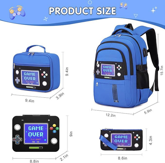 Boys Backpack - Luminous Game Bento Box with Insulated Lunch Bag Pencil Case & Utensils Set for Kids, 6 Leakproof Compartments Removable Tray Lunches or Snack Container (Blue Game Screen)