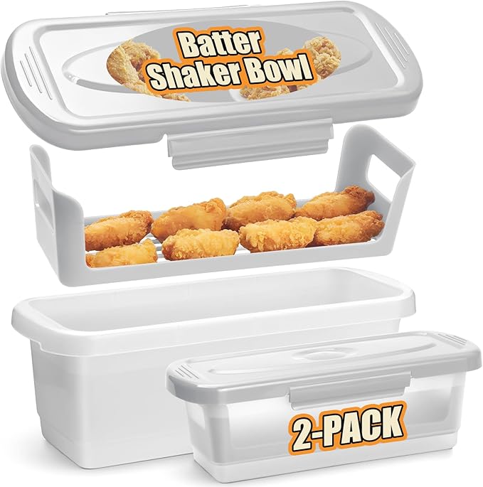 Batter Breader Shaker Bowl with Lid, 2-pack Mess Free Breading Shaker Bowl, Fish Batter Shaker Container with Breading Tray, Batter Bowl Shaker for Fish Frying Chicken Wings Fish Onion Rings Veggies