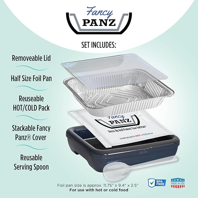 Fancy Panz Premium, Serving Tray for Food, Made in the USA Foil Pan Carrier, Stackable Aluminum Pan Holders, Travel Casserole Carrier, White