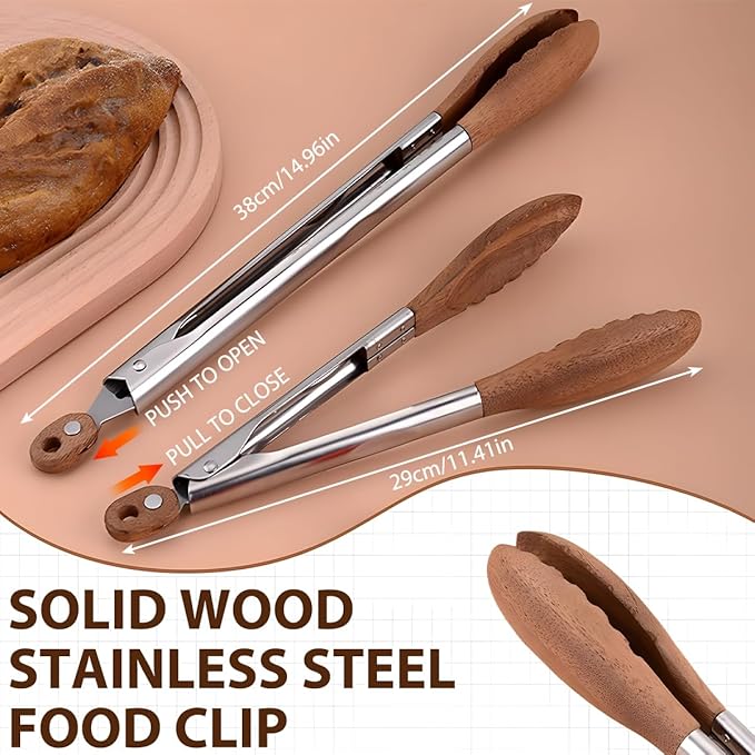 Wooden Tongs for Cooking & Serving Food, Stainless Steel Salad Tongs with Walnut Wood Tip, Anti-Slip Long Handle Wooden Kitchen Tongs Heat Resistant, Smooth Locking & Hanging Cooking Utensils Set of 2
